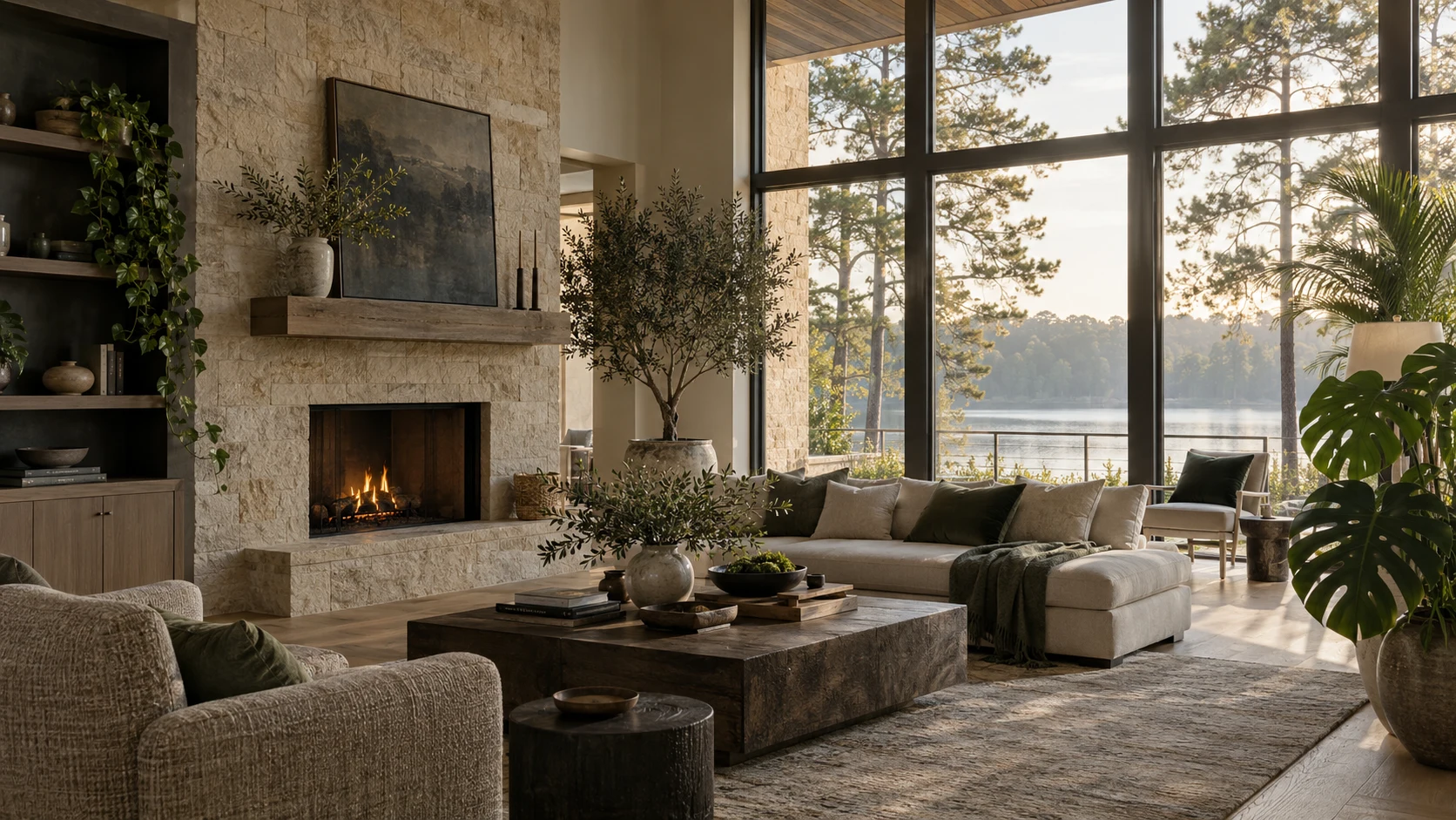 A serene Lake Oconee living room filled with healthy indoor plants